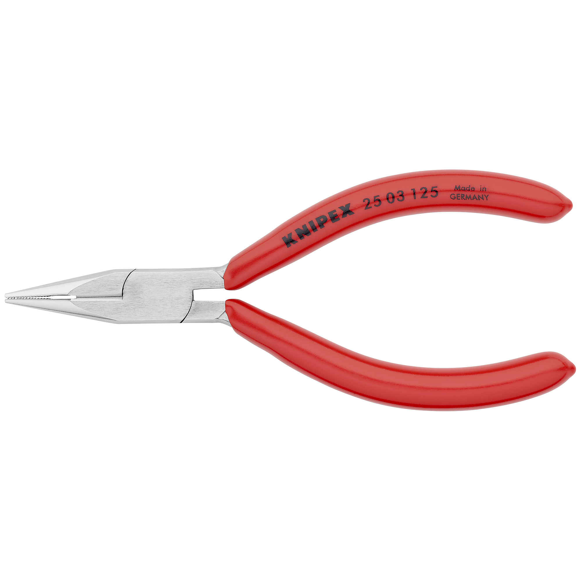 KNIPEX Long Nose Pliers with Cutter - 5in., Plastic Coating, Vanadium Steel, 0.094in. Jaw Capacity, Model# 25 03 125